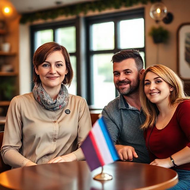 Cozy café scene with a trans woman (she/her pin, trans-color scarf) and a trans man (he/him pin, subtle trans-color wristband) chatting over coffee, accompanied by a supportive heterosexual couple; small trans pride flag on the table; warm, welcoming atmosphere; cinematic 3:2 composition.